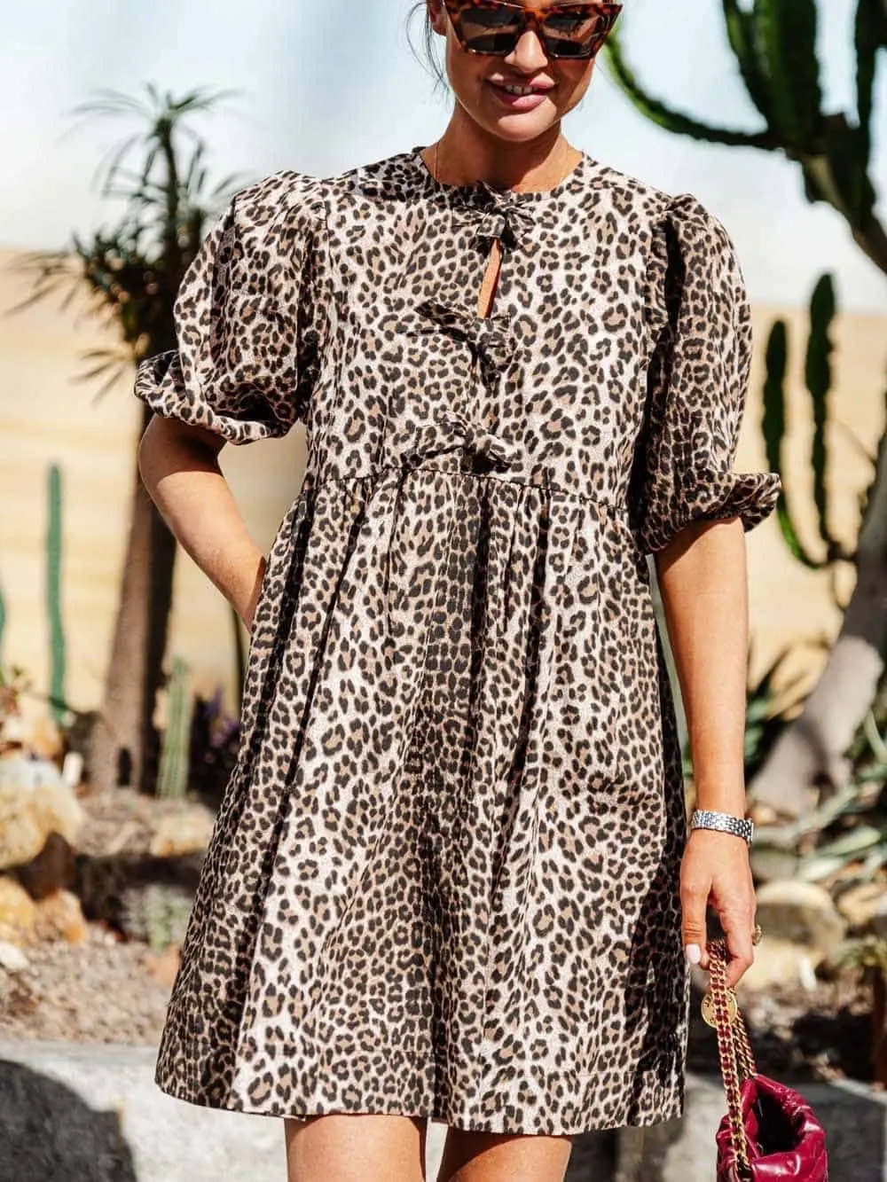 Womens Leopard Dress with Puff Sleeves
