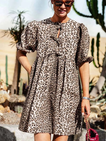Womens Leopard Dress with Puff Sleeves