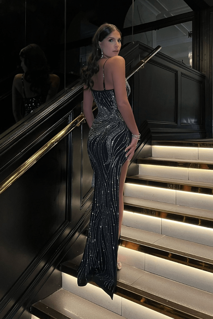 Black Rhinestone Evening Dress | Elegant Maxi Gown with Leg Slit