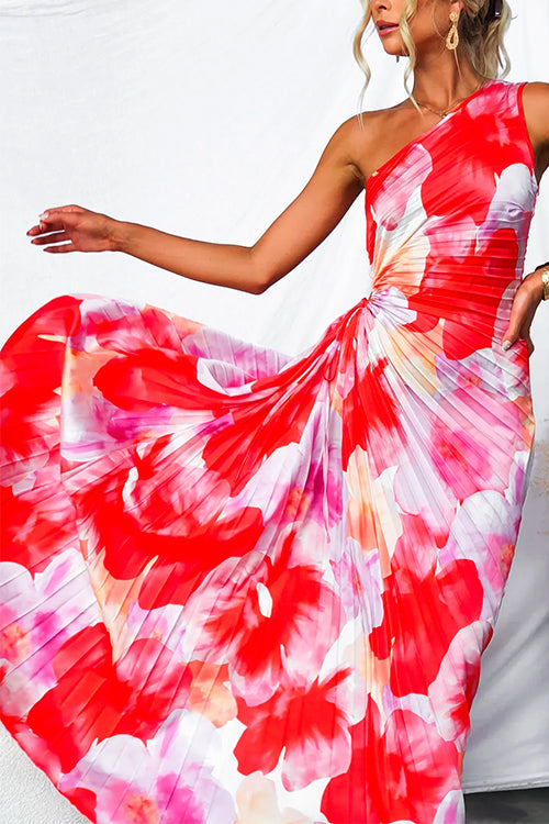 Floral One-Shoulder Pleated Dress – Elegant & Feminine