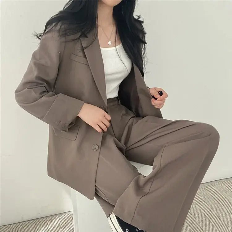 Solid Color Blazer and Straight-Leg Pants Set