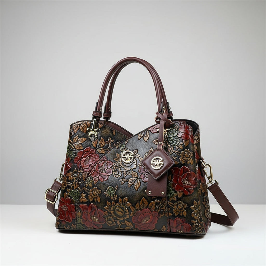 Hand-Painted Floral Tote Bag with Zipper Closure