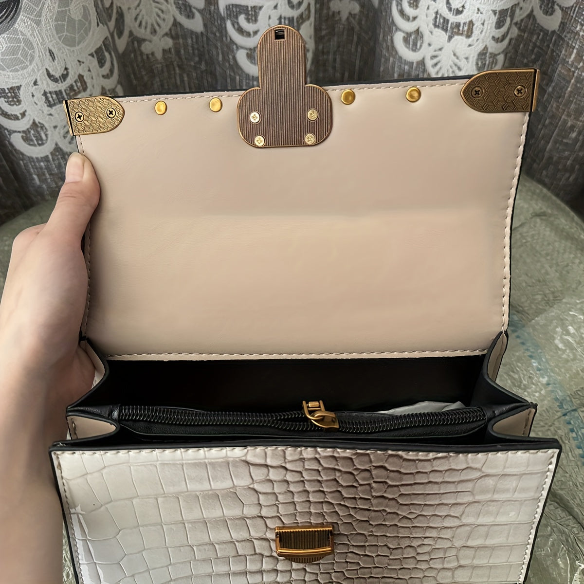 Khaki Crossbody Handbag - Durable PU, Adjustable Strap, Crocodile Pattern