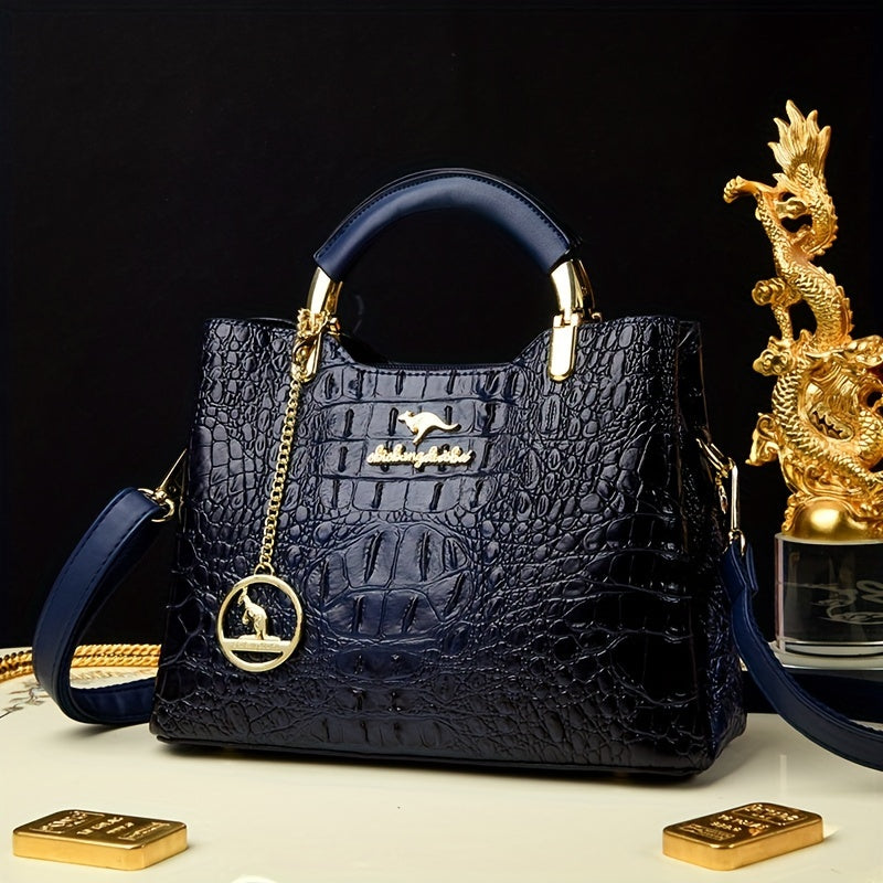 Green Crocodile-Embossed Handbag - Elegant Shoulder Purse with Detachable Strap and Chain Detail