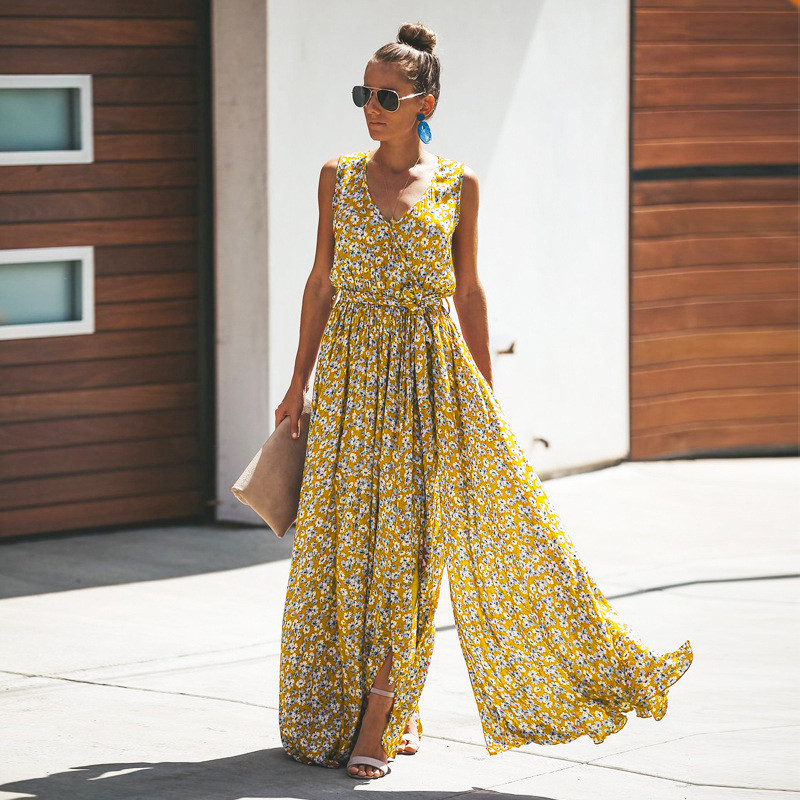 Floral Print Sleeveless Maxi Dress with Slit
