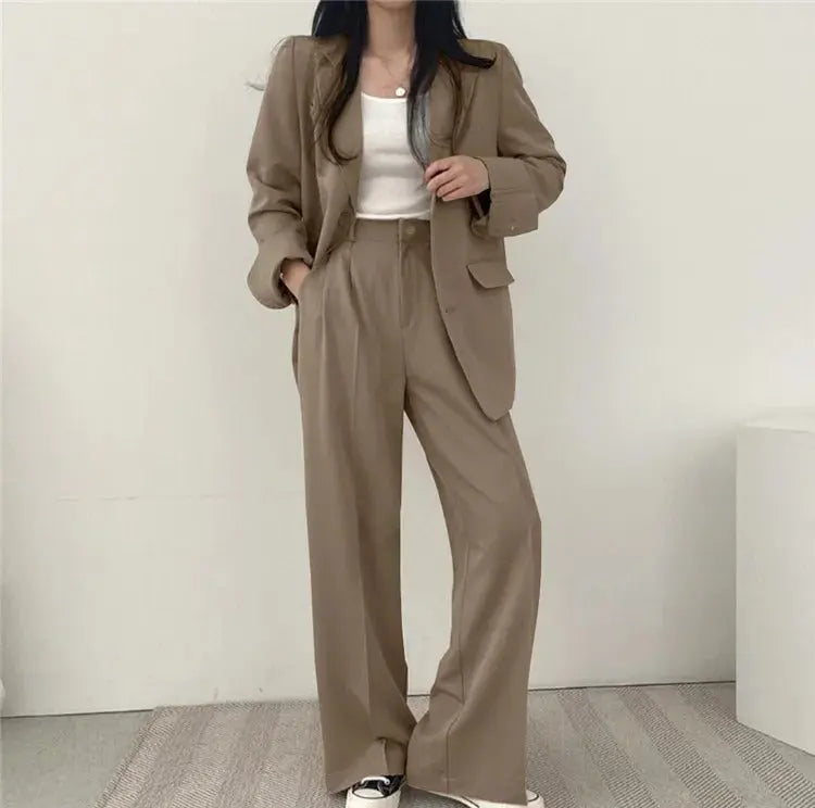 Solid Color Blazer and Straight-Leg Pants Set