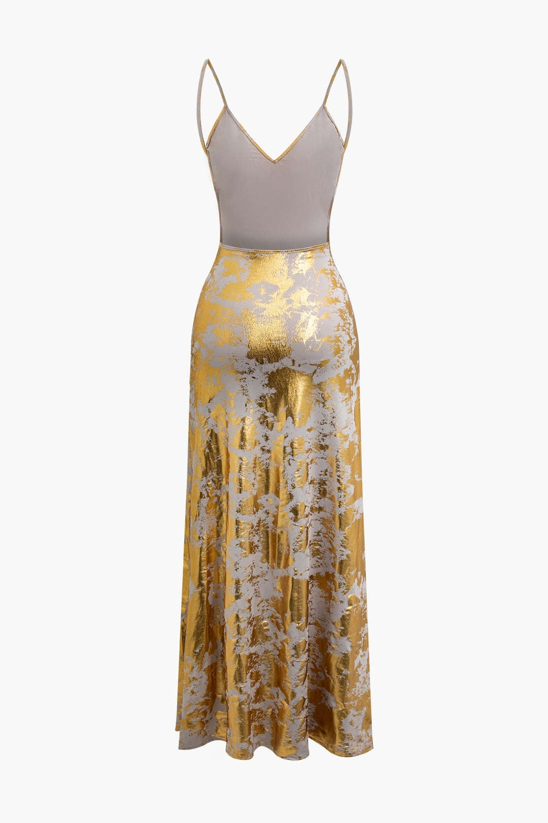 Spaghetti Strap Evening Dress with Gold Shimmer Skirt