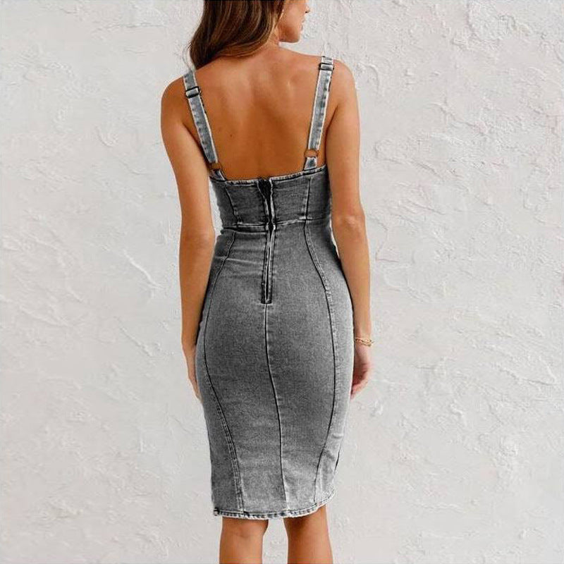 Denim Midi Dress with Zipper and Slit