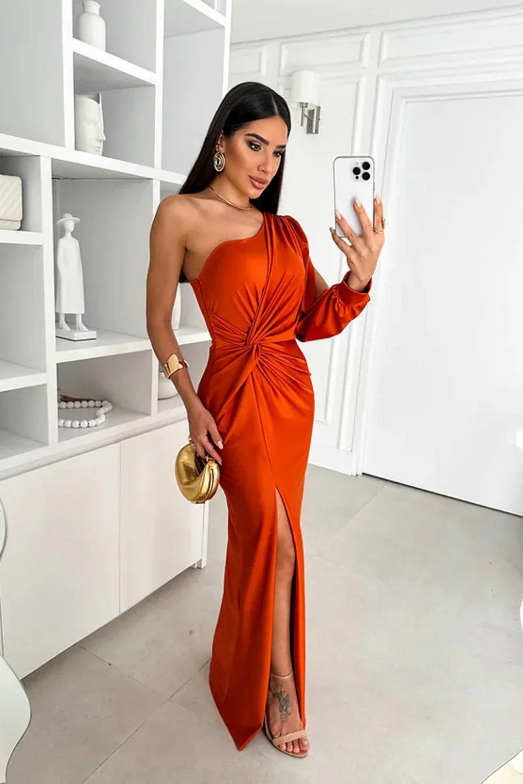 Asymmetrical One-Shoulder Satin Dress with Slit