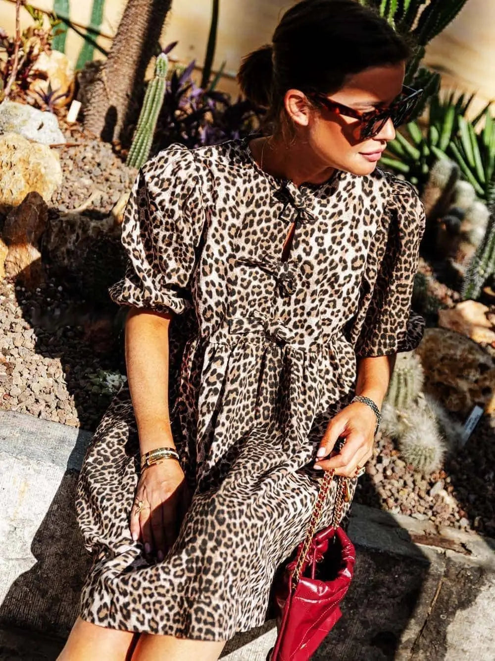 Womens Leopard Dress with Puff Sleeves