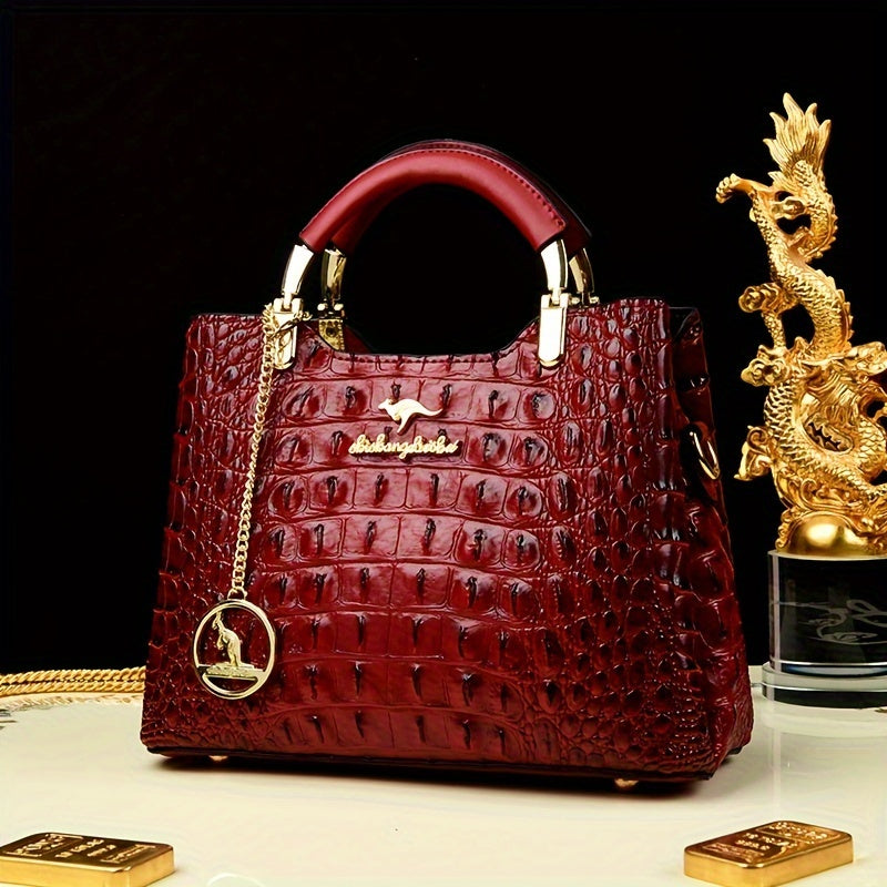 Green Crocodile-Embossed Handbag - Elegant Shoulder Purse with Detachable Strap and Chain Detail