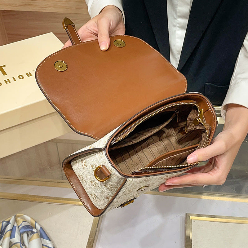 Elegant Vintage Two-Layer Handbag - Beige/Brown with Zipper Closure & Adjustable Strap