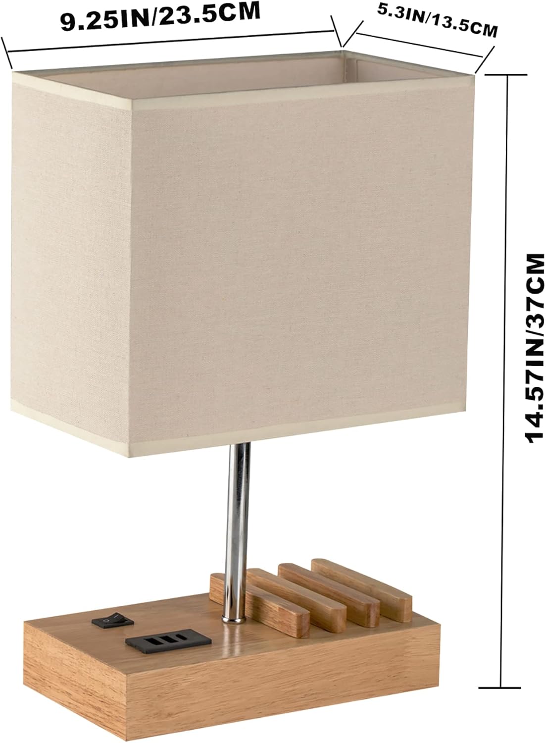 Table Lamp with 3 USB Charging Ports - Wooden Base with Phone Stand
