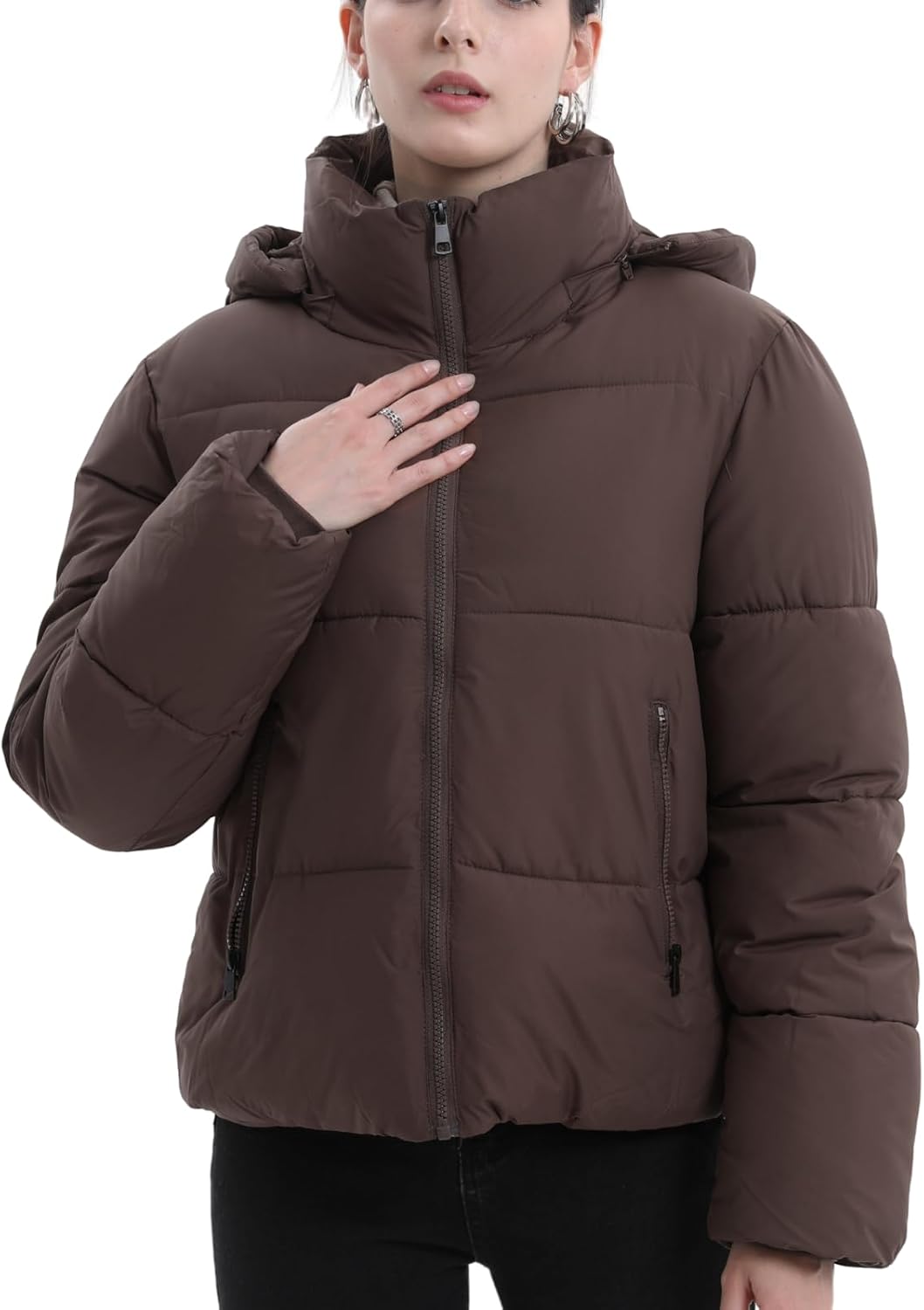 Women wearing brown taupe hooded puffer coat - front view with zipper closed