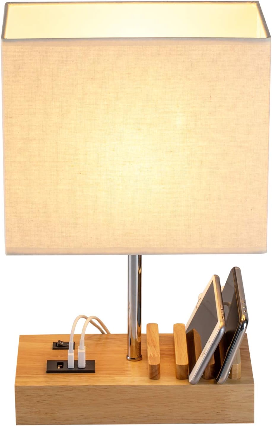 Table Lamp with 3 USB Charging Ports - Wooden Base with Phone Stand