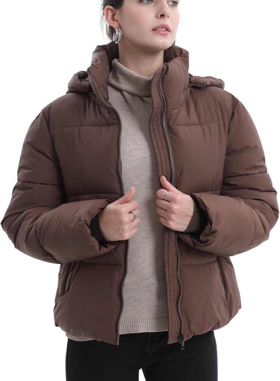 Women's brown puffer coat alternative angle - showing fit and silhouette