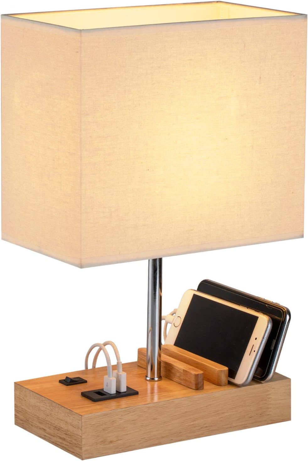 Table Lamp with 3 USB Charging Ports - Wooden Base with Phone Stand