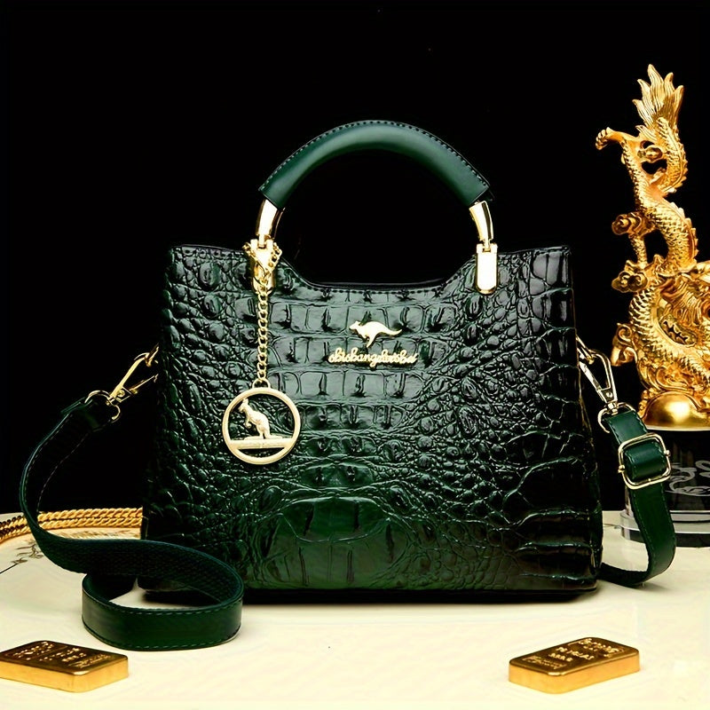 Green Crocodile-Embossed Handbag - Elegant Shoulder Purse with Detachable Strap and Chain Detail