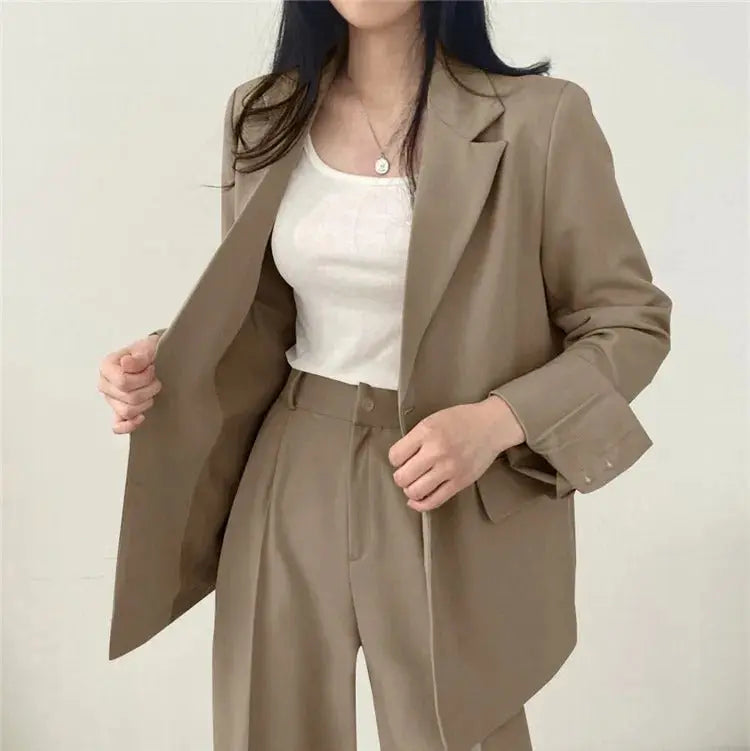 Solid Color Blazer and Straight-Leg Pants Set
