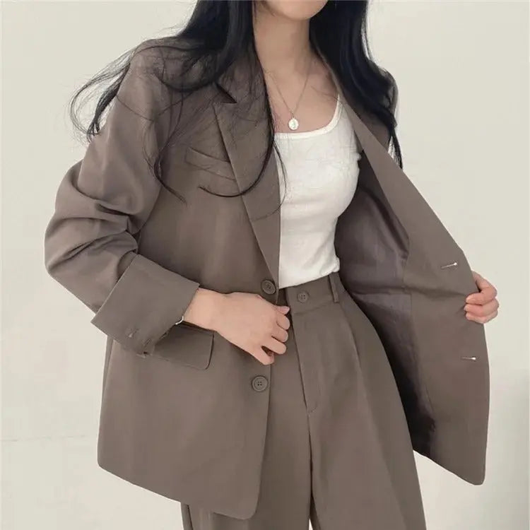 Solid Color Blazer and Straight-Leg Pants Set