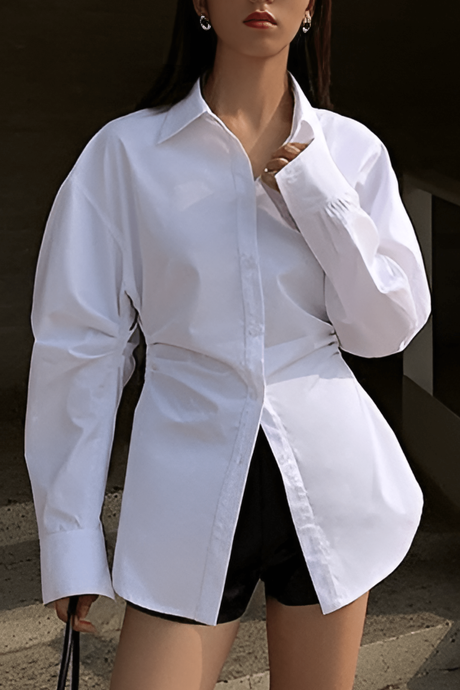 White Oversized Shirt with Defined Waist and Classic Collar