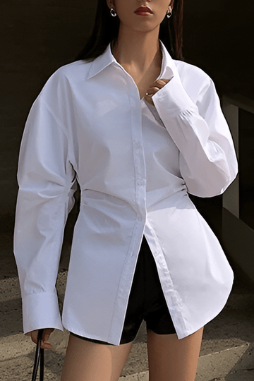 White Oversized Shirt with Defined Waist and Classic Collar