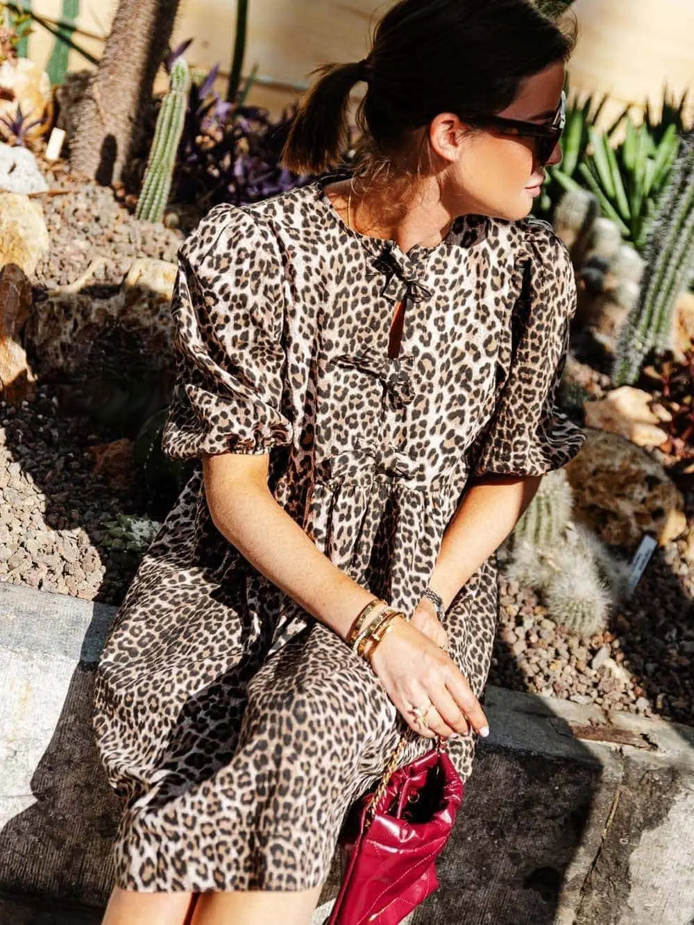 Womens Leopard Dress with Puff Sleeves