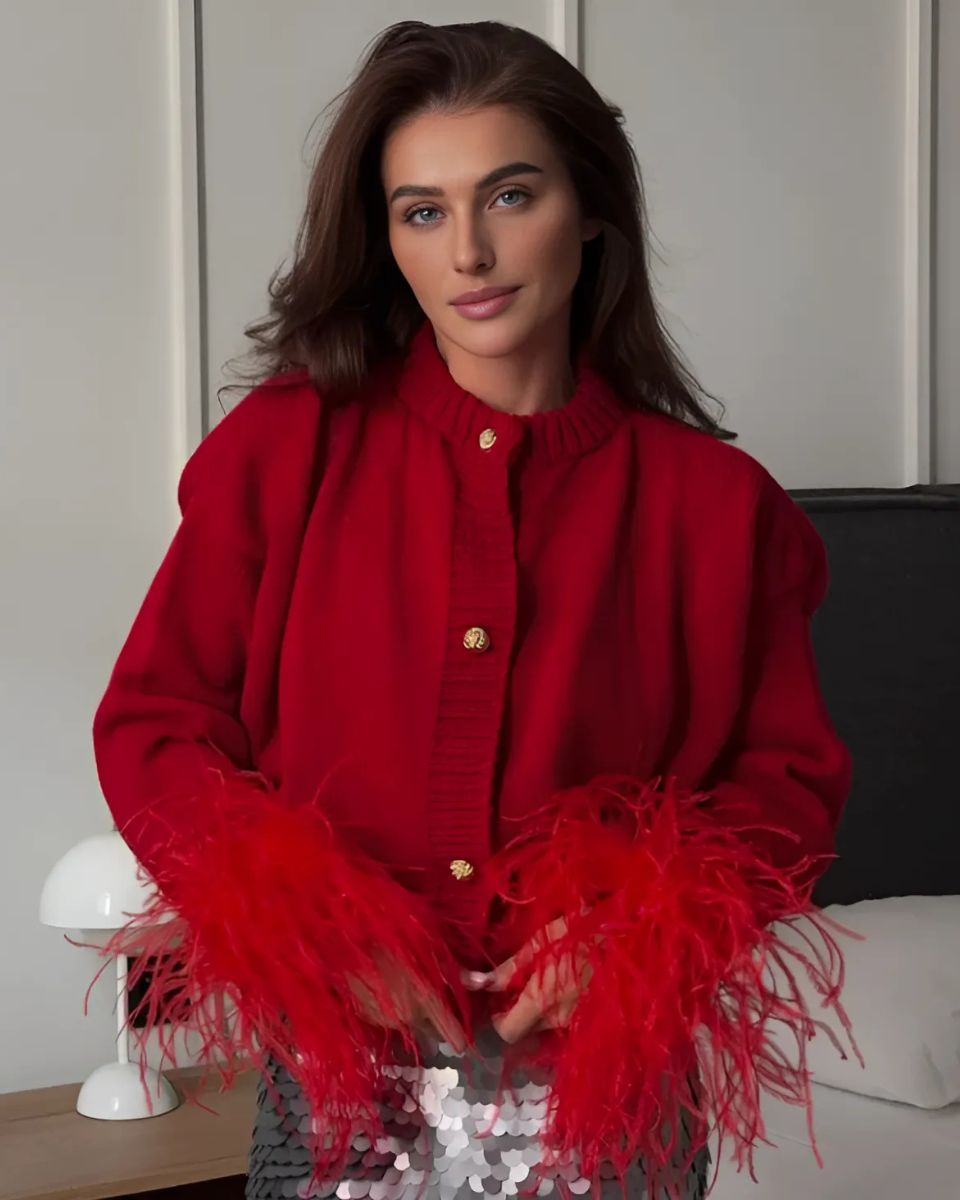 Buttoned Cardigan with Feather Sleeves