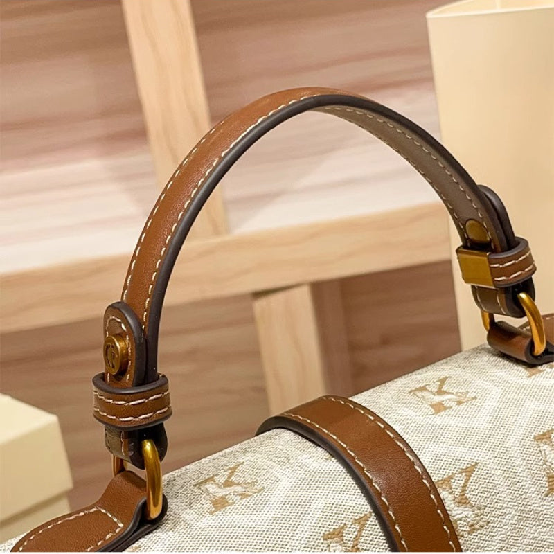 Elegant Vintage Two-Layer Handbag - Beige/Brown with Zipper Closure & Adjustable Strap