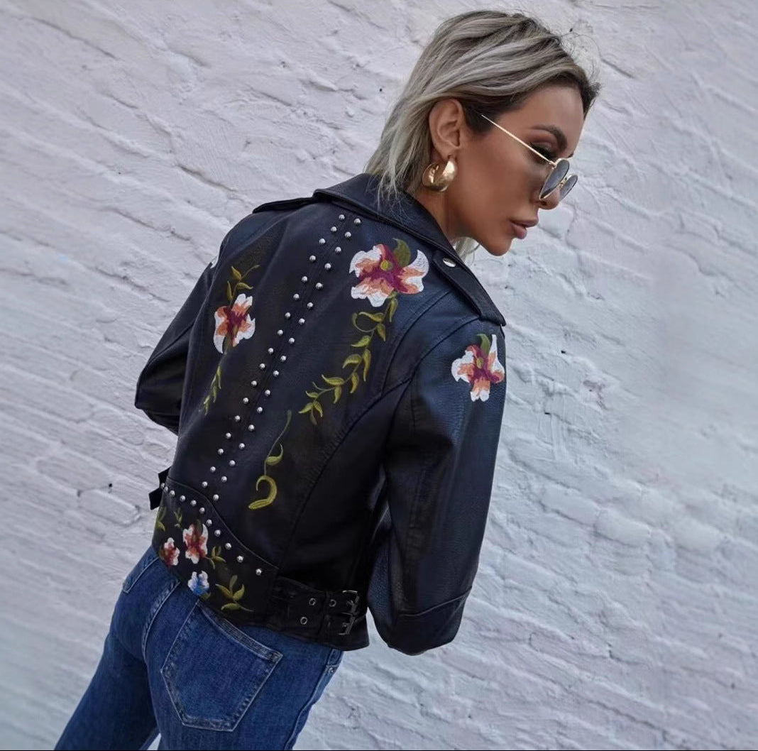 Embroidered Rivet Leather Jacket - Premium Women's Biker Jacket