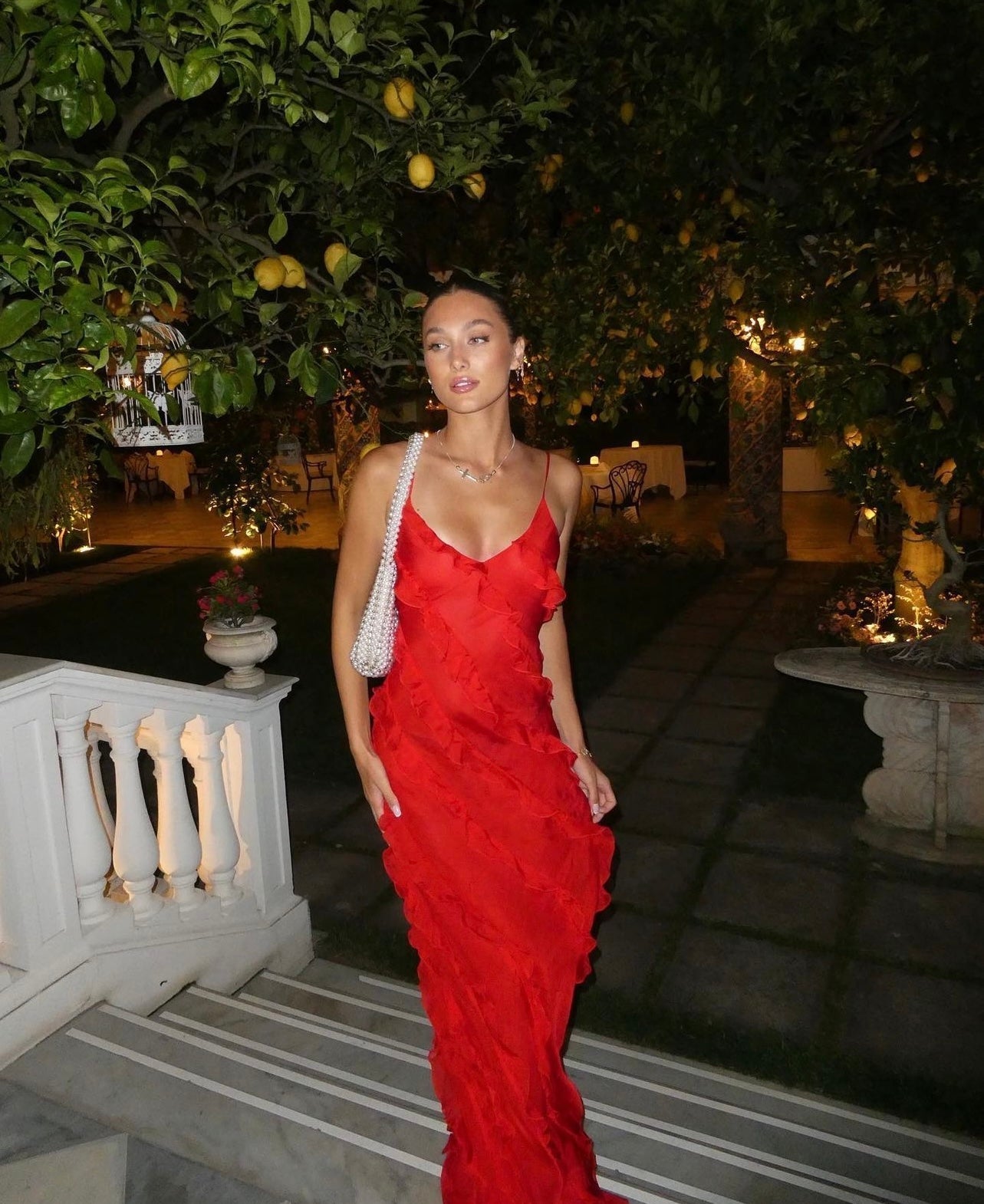 Ruffled Maxi Dress – Figure-Hugging Evening Style with Spaghetti Straps