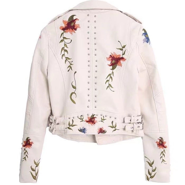 Embroidered Rivet Leather Jacket - Premium Women's Biker Jacket