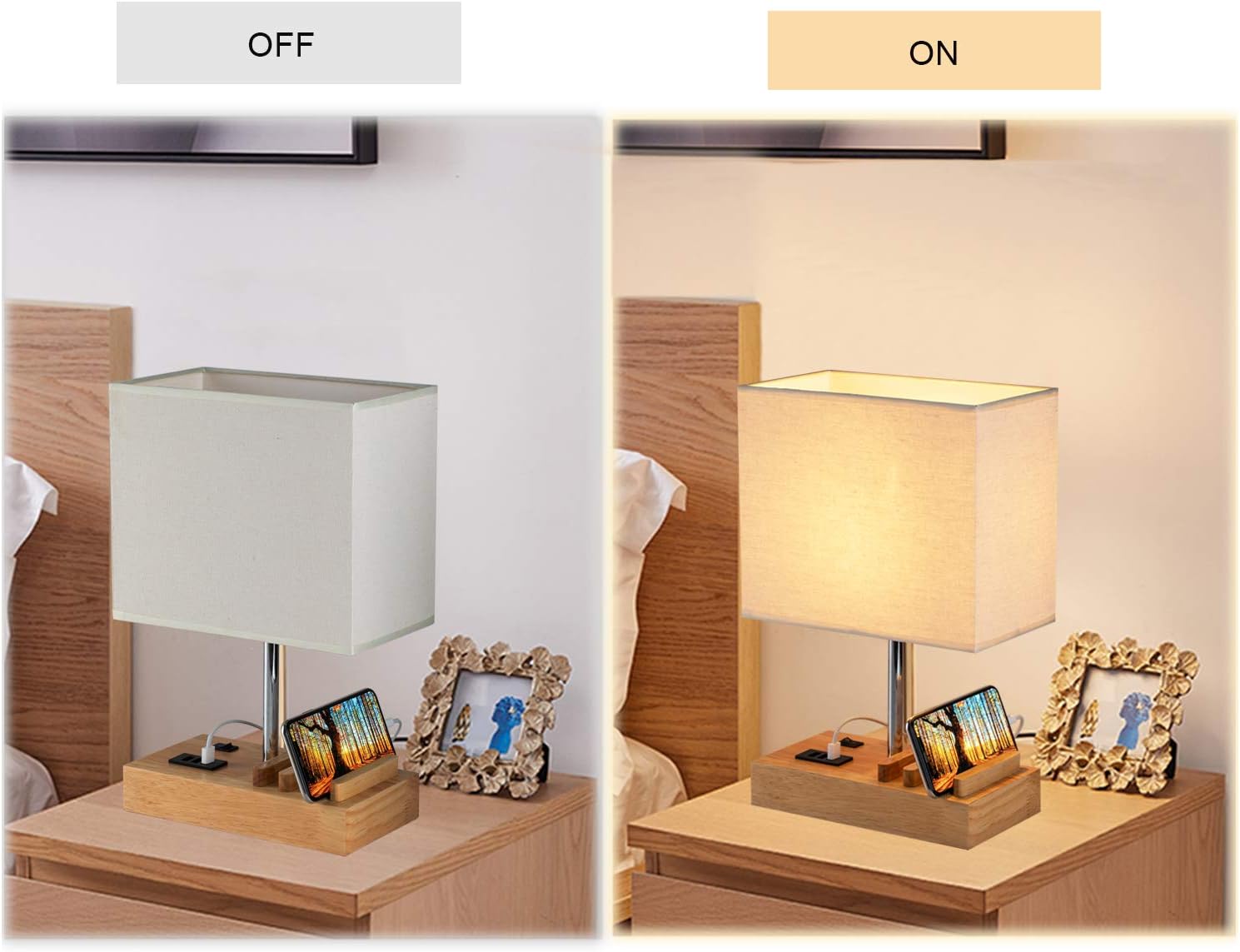 Table Lamp with 3 USB Charging Ports - Wooden Base with Phone Stand