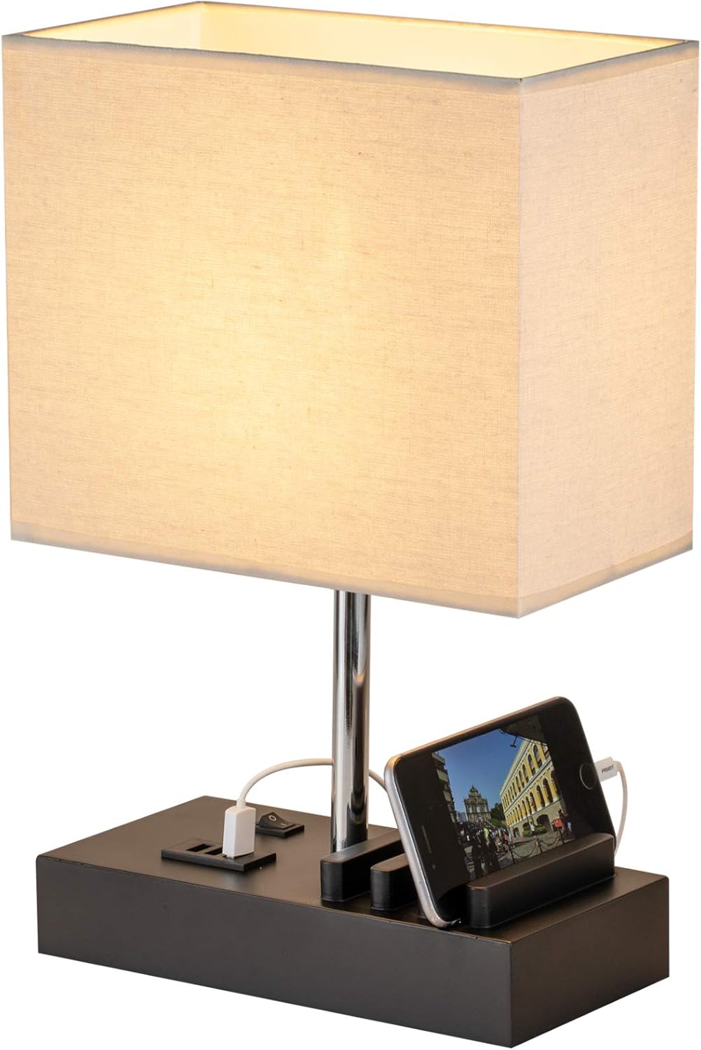 Table Lamp with 3 USB Charging Ports - Wooden Base with Phone Stand