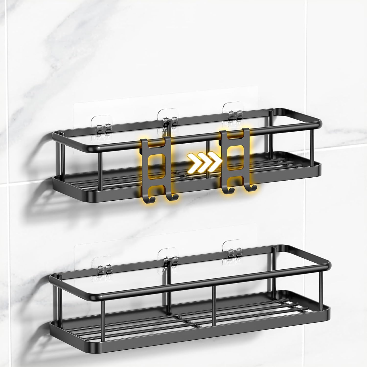 Adhesive Shower Caddy Set of 2 - Rustproof Bathroom Organizer with Hooks
