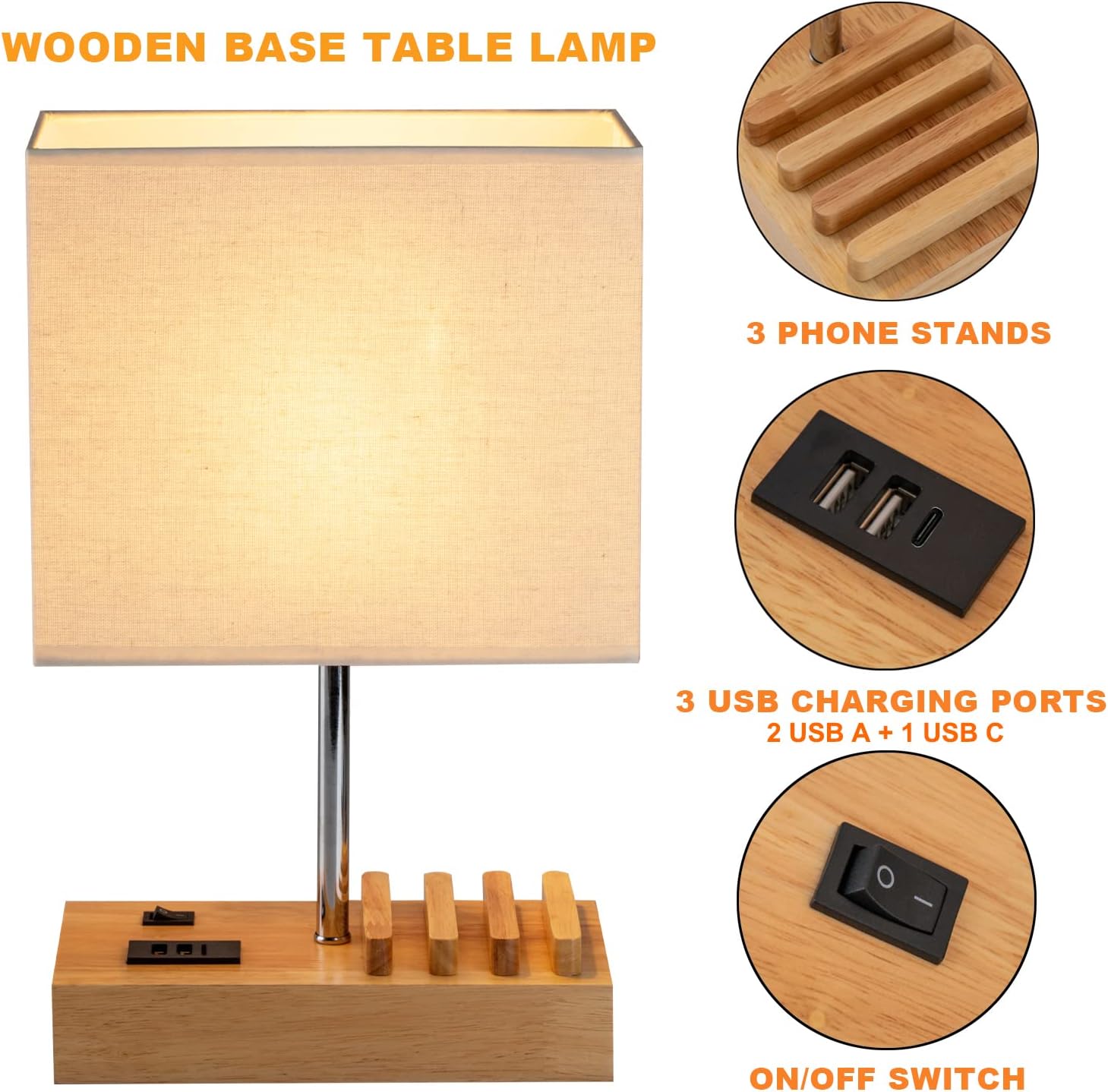 Table Lamp with 3 USB Charging Ports - Wooden Base with Phone Stand