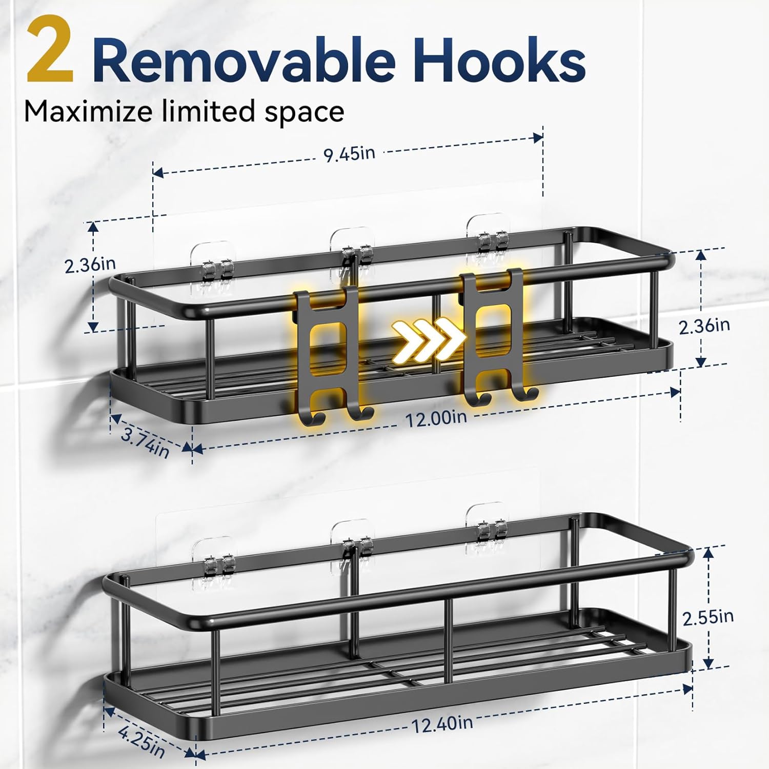Adhesive Shower Caddy Set of 2 - Rustproof Bathroom Organizer with Hooks