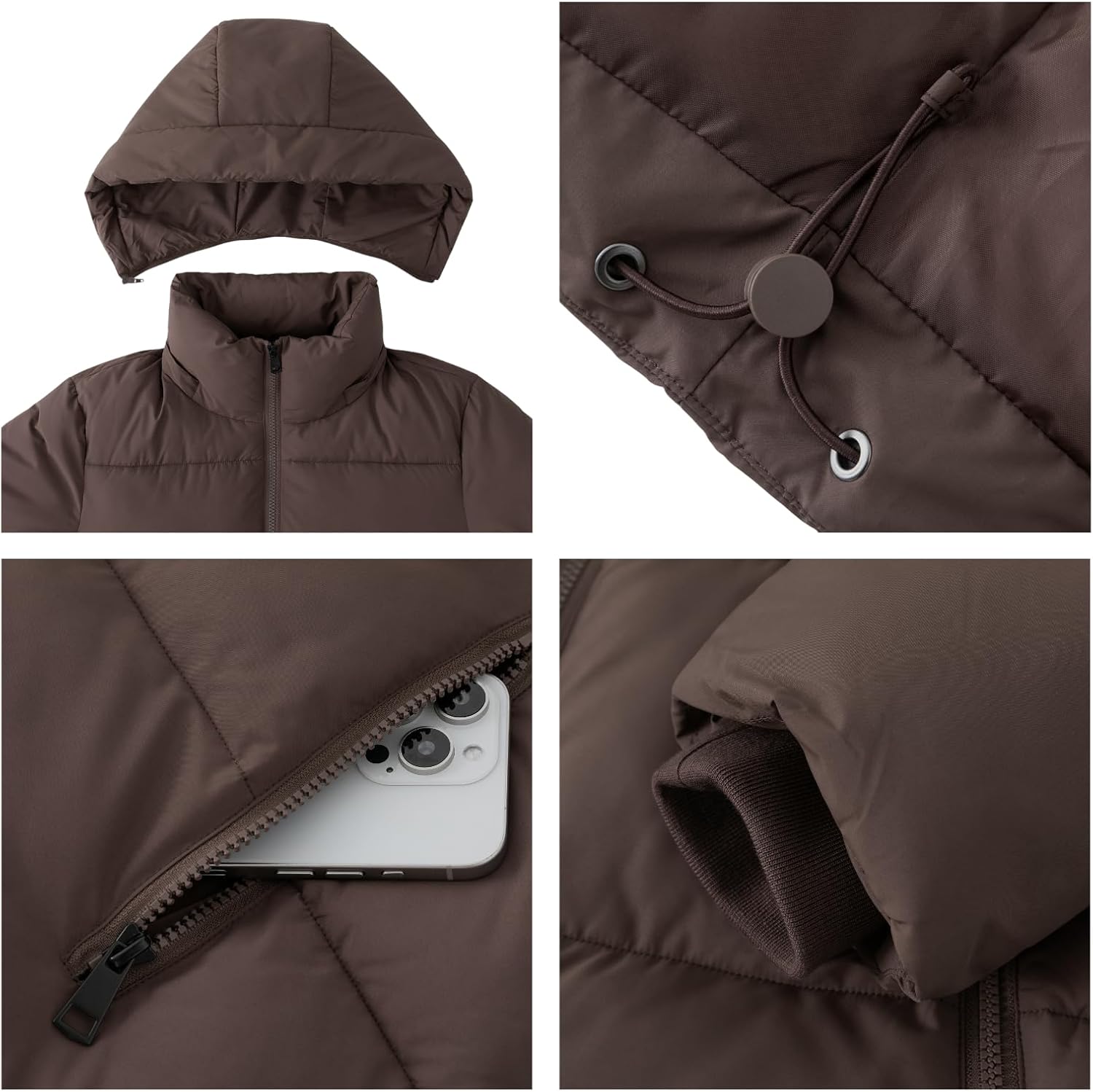 Close-up detail of quilted puffer jacket showing stitching and fabric quality