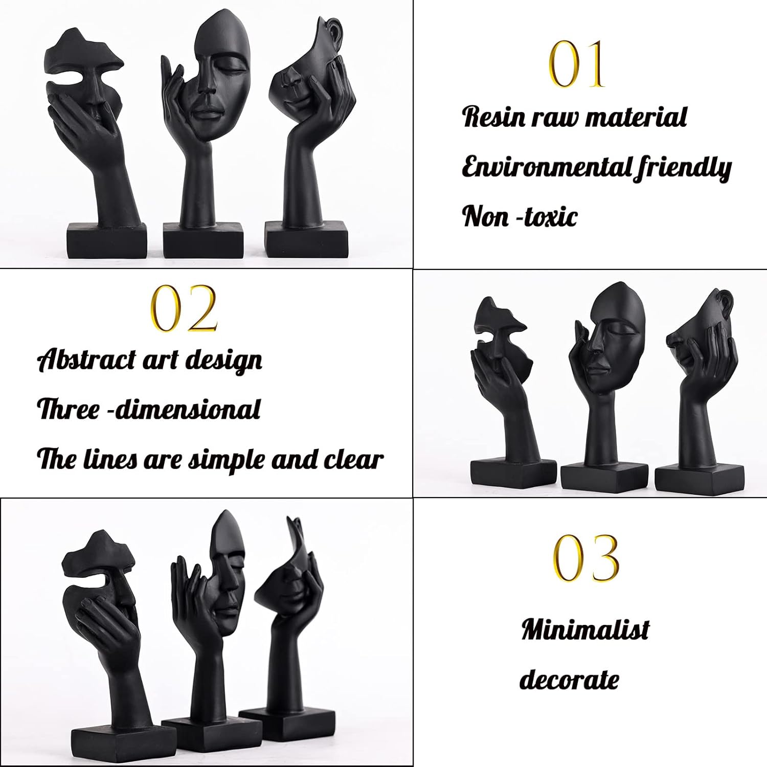 Black Gold Abstract Face Statues - Modern Thinker Figurines Set