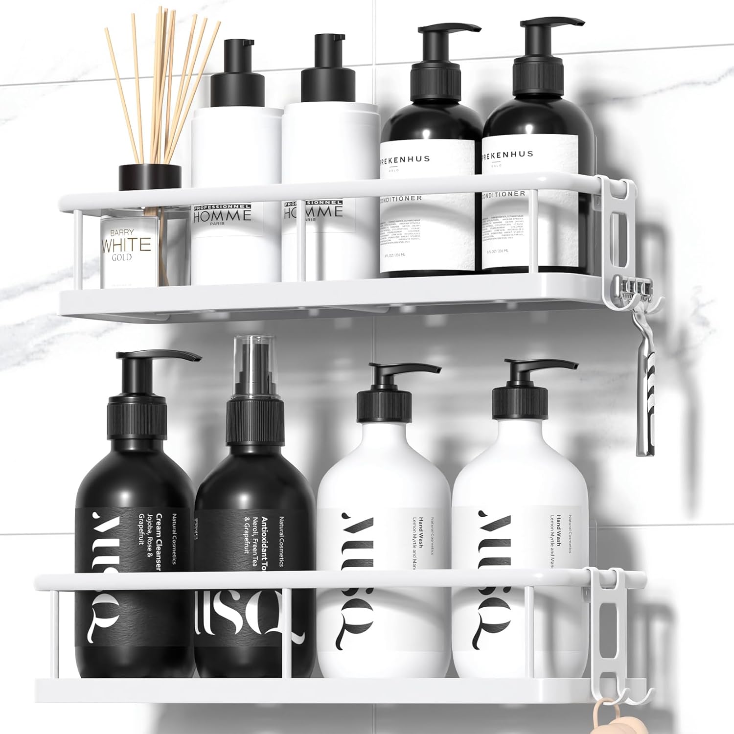 Adhesive Shower Caddy Set of 2 - Rustproof Bathroom Organizer with Hooks