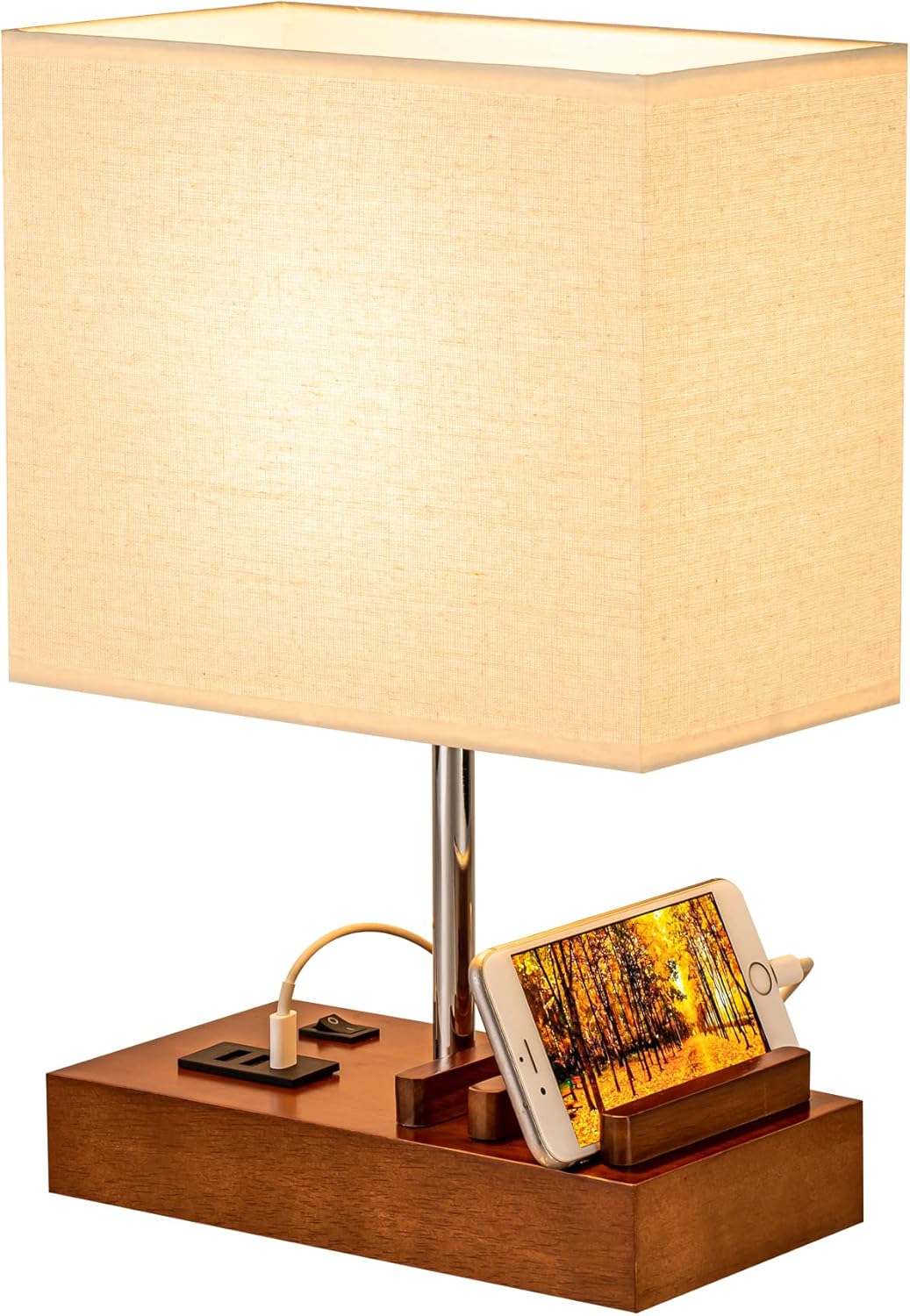 Table Lamp with 3 USB Charging Ports - Wooden Base with Phone Stand