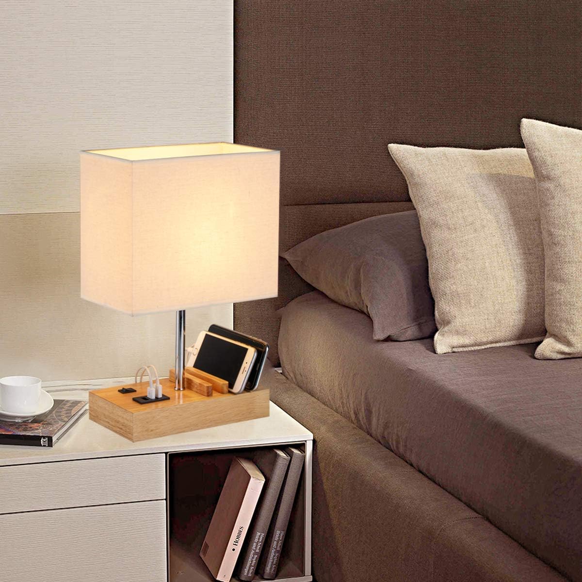 Table Lamp with 3 USB Charging Ports - Wooden Base with Phone Stand