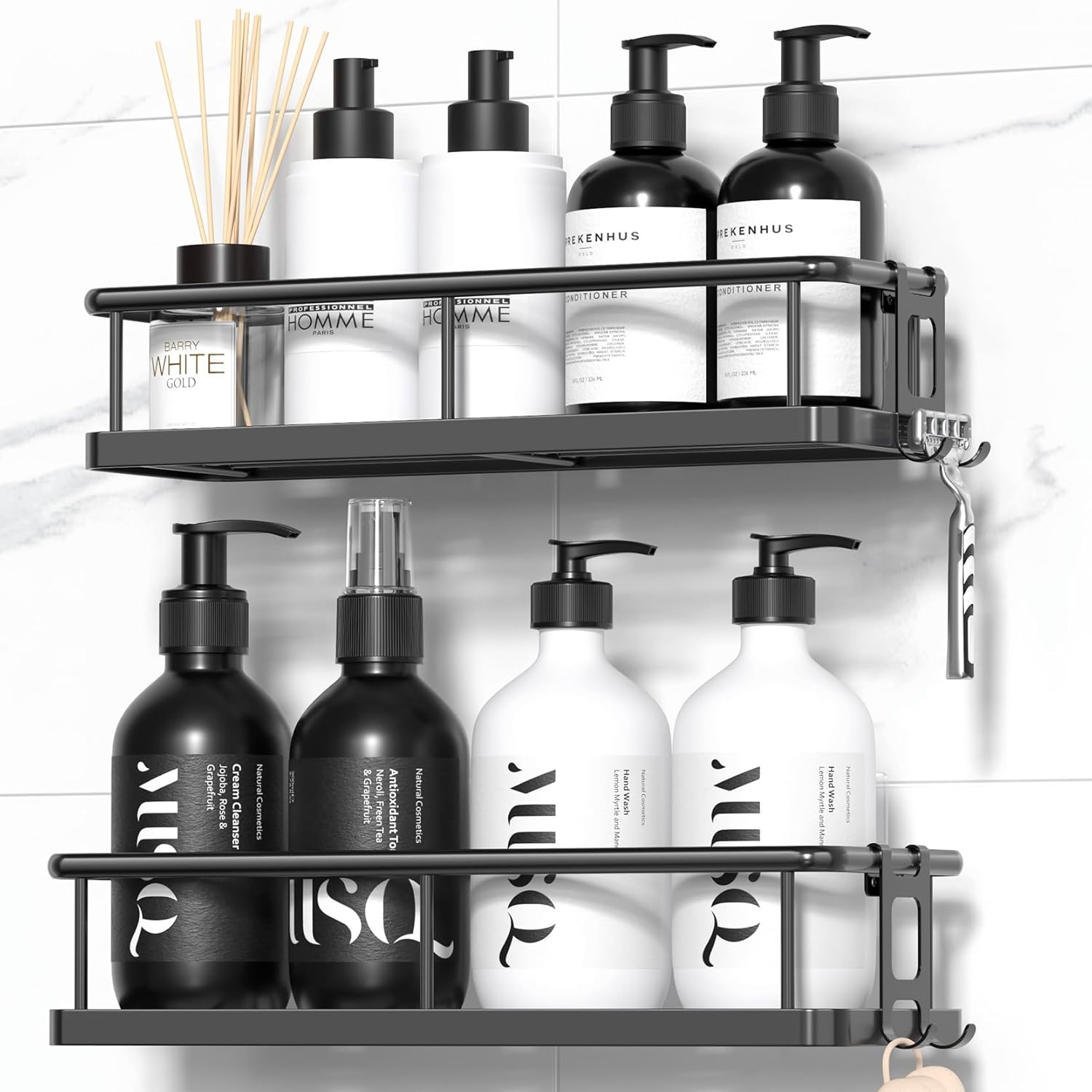 Adhesive Shower Caddy Set of 2 - Rustproof Bathroom Organizer with Hooks