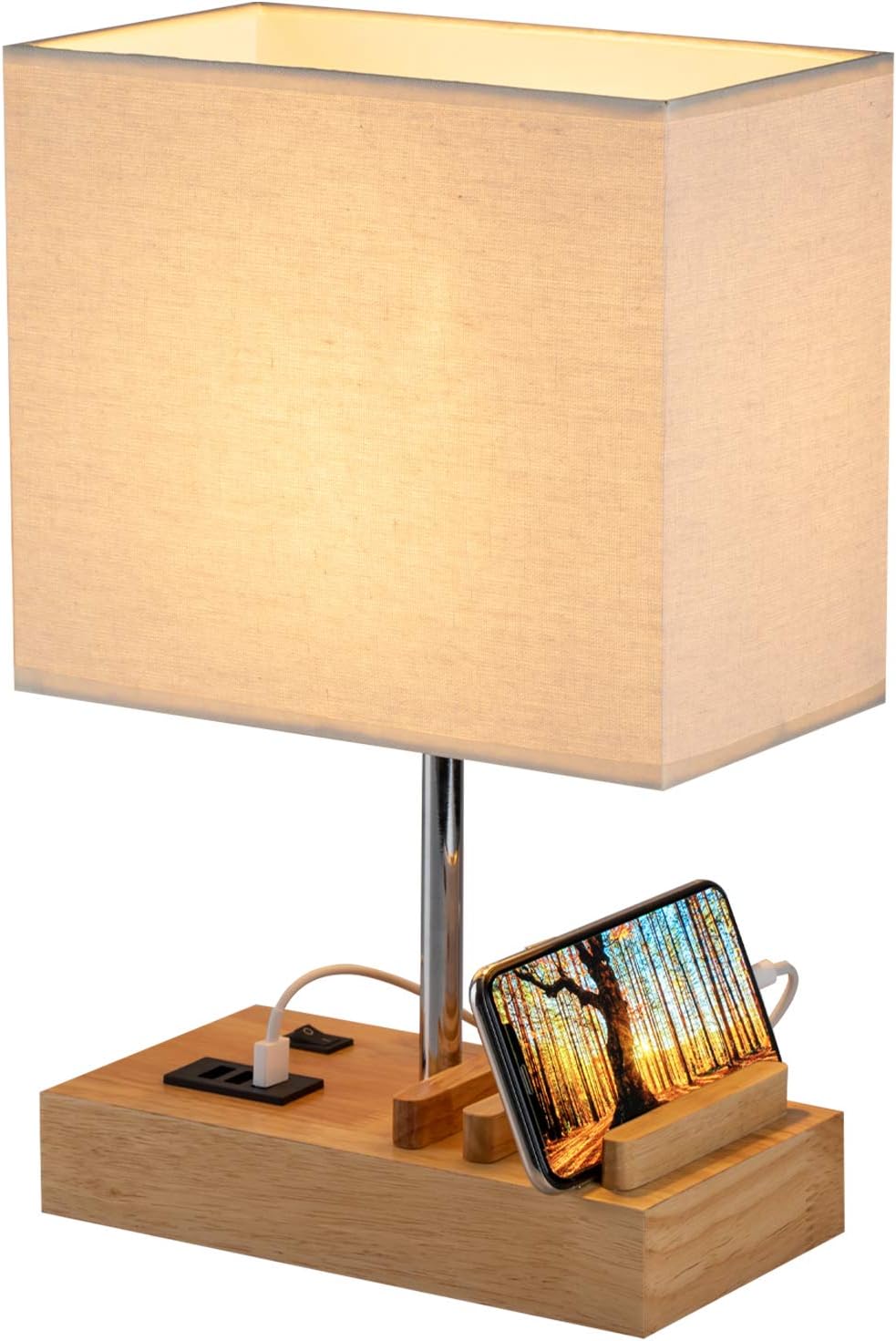 Table Lamp with 3 USB Charging Ports - Wooden Base with Phone Stand