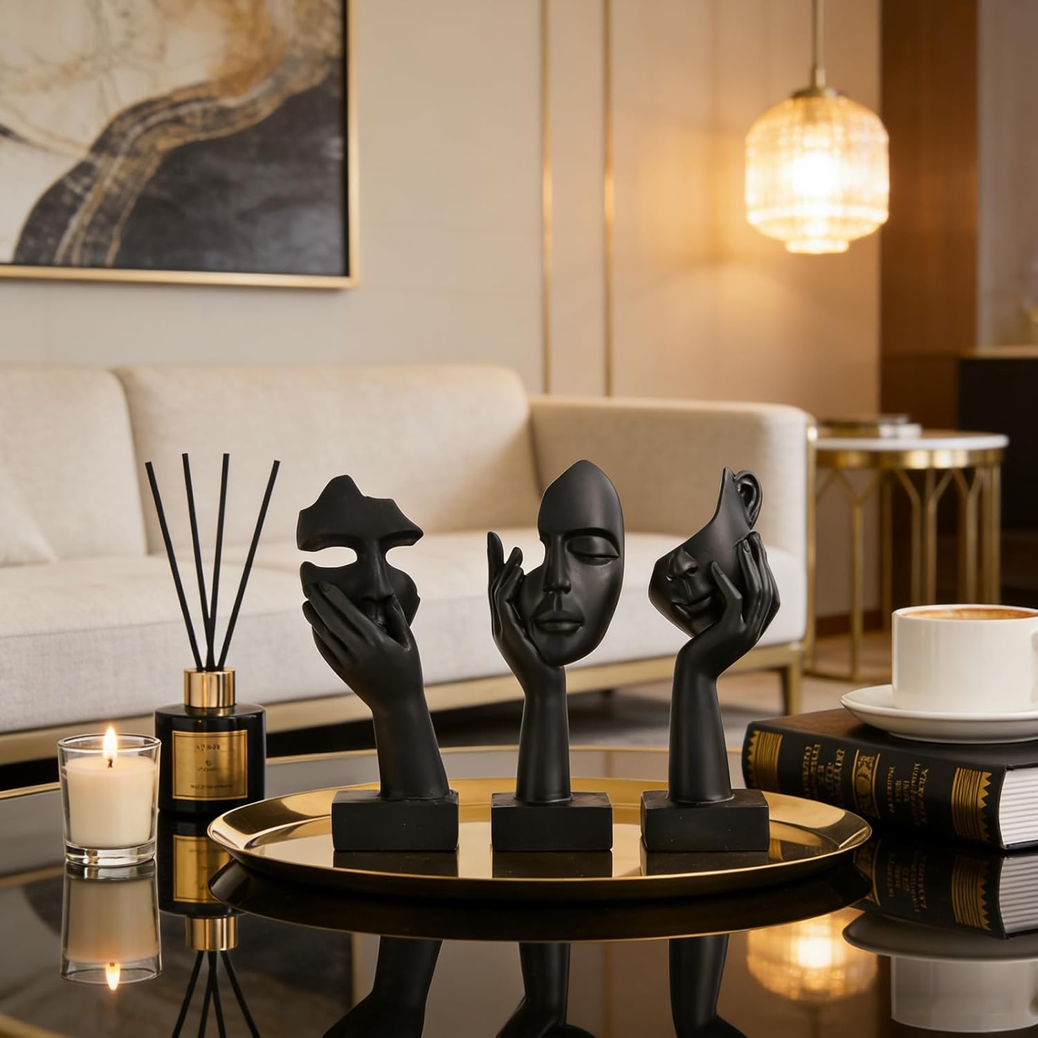 Black Gold Abstract Face Statues - Modern Thinker Figurines Set