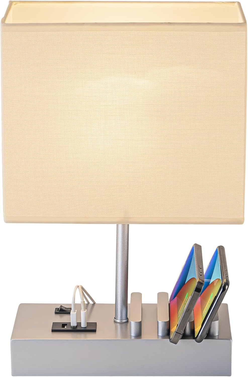 Table Lamp with 3 USB Charging Ports - Wooden Base with Phone Stand