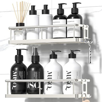 Adhesive Shower Caddy Set of 2 - Rustproof Bathroom Organizer with Hooks