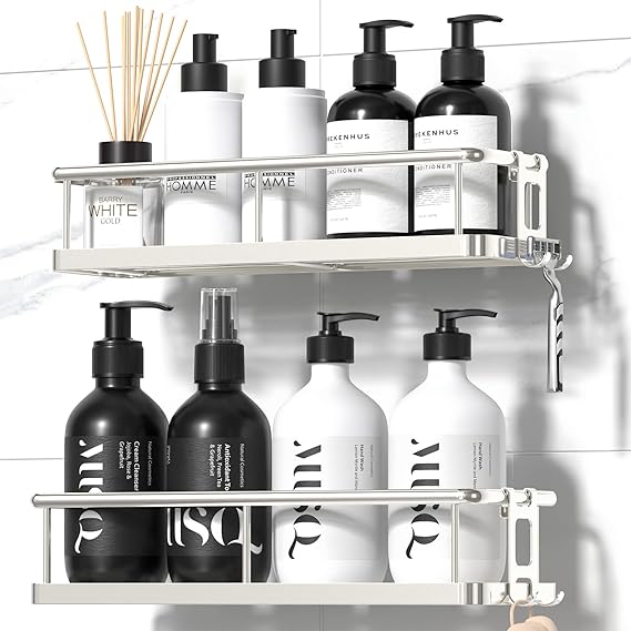 Adhesive Shower Caddy Set of 2 - Rustproof Bathroom Organizer with Hooks