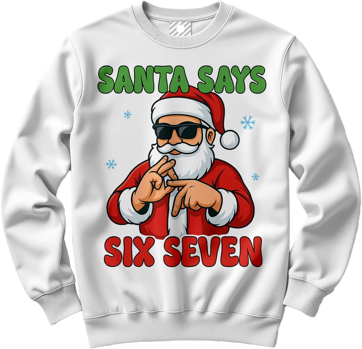 Close-up of Six Seven Christmas sweatshirt design, funny 6-7 slogan festive jumper for kids
