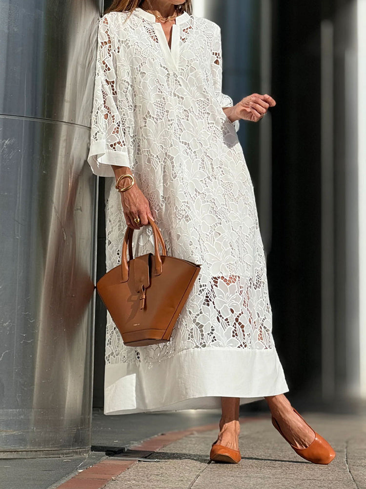 Lace Dress with 3/4 Sleeves & Stand-Up Collar
